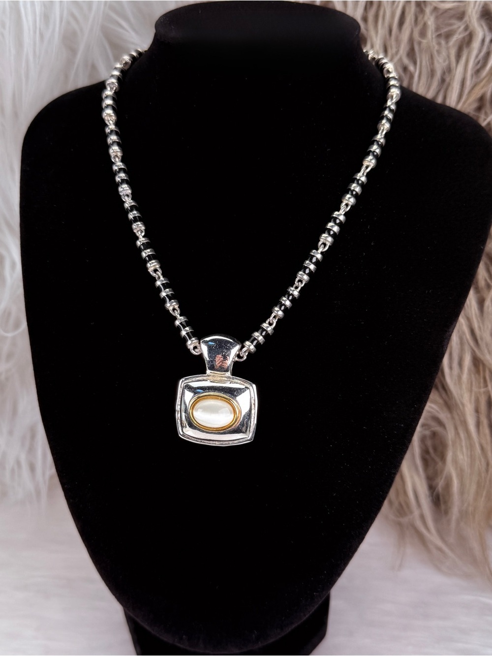 Vintage Silvertone Black Beaded Necklace Two Tone Square Cabochon Pendant